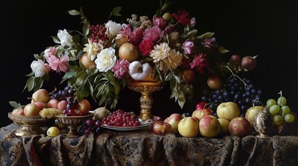 Poster - a lavish display of ripe fruits, delicate flower