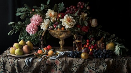 Poster - a lavish display of ripe fruits, delicate flower