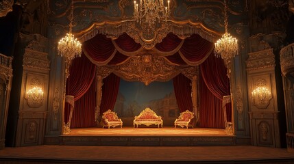 Wall Mural - A theater stage with heavy, gold-fringed red velvet curtains