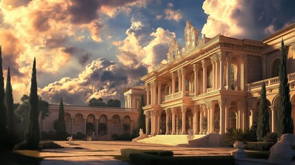 Poster - A Baroque palace exterior with towering columns, grand arches