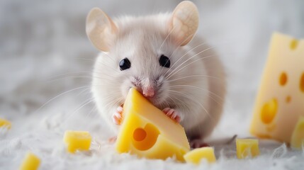 Canvas Print - A white mouse eats a piece of cheese.