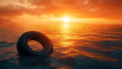 A serene sunset over water, featuring a floating tire, creating a tranquil and reflective atmosphere.