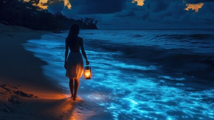 Sticker - Woman Walking on a Bioluminescent Beach