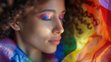 Portrait of a woman with a flag symbolizing pride, love, and equality, reflecting inclusion, human rights activism, and diverse identities within the LGBTQ community on a studio backdrop