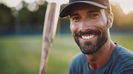 Portrait of a male athlete on a sports field, showcasing a joyful expression during training or competition in a grassy arena