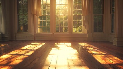 Canvas Print - A room with large windows and wooden floors, with sunlight streaming in.