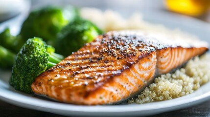 Wall Mural - Grilled Salmon Fillet with Steamed Broccoli and Quinoa Grain Bowl on Plate