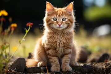 Wall Mural - Close of a beautiful red haired domestic kitten sitting on a white surface, generative IA