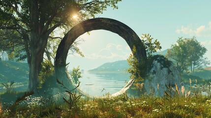 Canvas Print - A magical, tree-like archway overlooking a scenic lake.