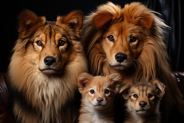 Family of lions with dark background puppies, generative IA