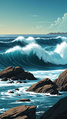 Poster - ocean waves crashing against rocky shores background art design backdrop