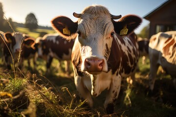 Canvas Print - Amazing photo of a farm with cows at sunset, generative IA