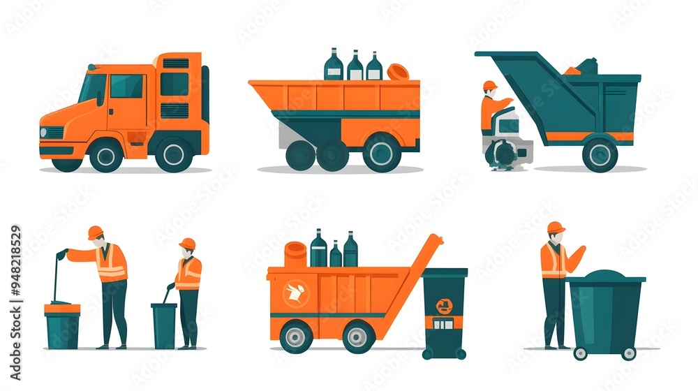 A set of orange and green icons representing garbage collection. Vector ...