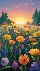 Wall Mural - wildflowers blooming in a meadow during sunri background art design backdrop