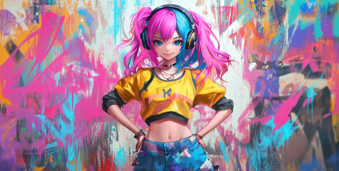 Sticker - Cute anime girl with pink and blue hair, wearing colorful streetwear and headphones