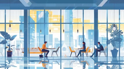 Poster - illustrate a business trip with a modern coworking space in a bustling city.