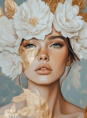 Wall Mural - A beautiful woman with white flowers on her head, gold leaf around the face