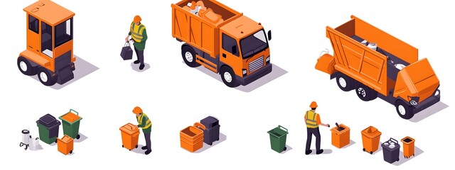 A set of orange and green icons representing garbage collection. Vector graphics on a white background depict an orange truck with trash cans in the back, a man wearing a uniform carrying