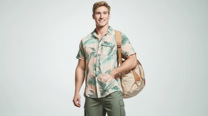 Standing in a well-lit space, a man in a tropical print shirt and cargo shorts carries a bag and displays a friendly smile