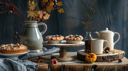 Wall Mural - Cozy Autumn Still Life with Pies and Tea