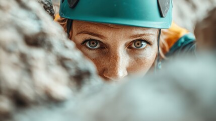 Focused climber wearing a turquoise helmet navigating rocky terrain, emphasizing the thrill and determination involved in the climbing sport amidst rugged natural surroundings.