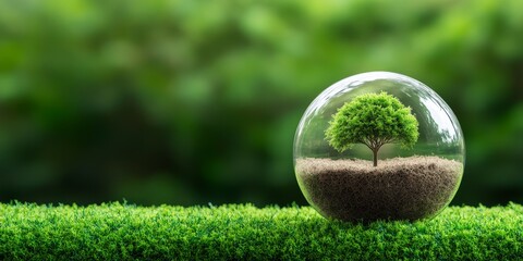 carbon neutral concept - small tree inside a glass sphere on green grass background.