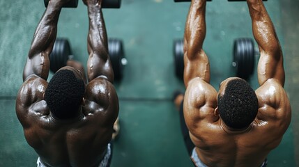 Two muscular men seen from an aerial view are lifting dumbbells in a gym, focusing on building strength and their intense training regime, encapsulated in sweat and effort.