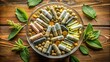 © Man888 - Natural health supplements in transparent capsules filled with dried and crushed herbal leaves, arranged in a circular pattern on a wooden background surface.