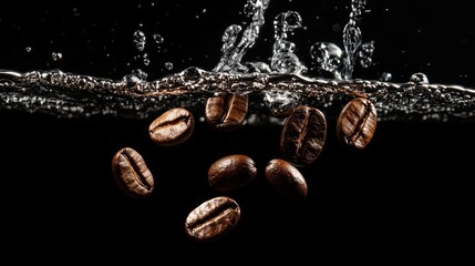 Wall Mural - Coffee beans falling into hot water on a black background, capturing the essence of brewing a perfect cup of coffee.