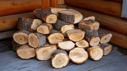 This outdoor stack of freshly cut birch logs is juxtaposed against a rustic wooden backdrop to symbolize the harvesting of natural resources.