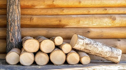 In the foreground, a large outdoor stack of freshly cut birch logs, sawed into uniform planks, set against a rustic wooden backdrop.