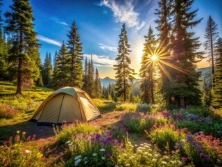 Serene forest camping scene featuring a solitary tent amidst lush greenery, surrounded by towering trees and vibrant wildflowers under a clear blue summer sky.