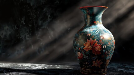 Canvas Print - A blue and gold vase with floral patterns on a dark background.