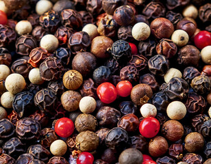 Black, red and white pepper peppercorns background. Close up.