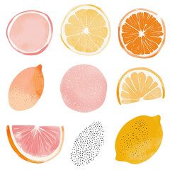 Wall Mural - Set of die cut watercolor elements in the form of citrus fruits, orange, lemon, grapefruit isolated and cut out on transparent background. PNG.