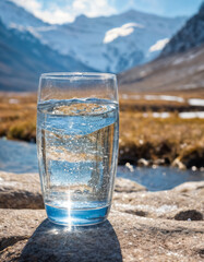 Wall Mural - a glass filled with clean drinking water in the snow, against the background of a beautiful winter landscape, nature with mountains, fresh and cool