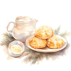 Deliciously illustrated pastry and pitcher of cream, perfect for breakfast or teatime. A cozy and warm visual treat.