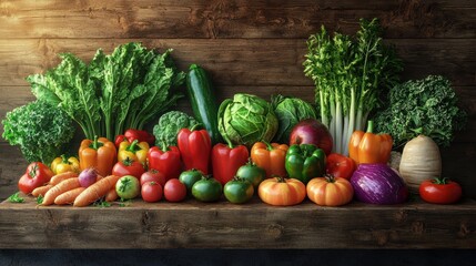 Vibrant Mix of Fresh Organic Vegetables on Wooden Table - 3D Illustration