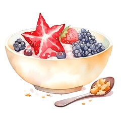 Watercolor illustration of a bowl of yogurt topped with fresh berries and a spoon on the side, perfect for breakfast or snack time.