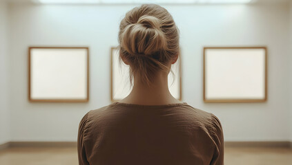 A person contemplates blank artworks in a modern gallery, embodying curiosity and inspiration in an artistic space.