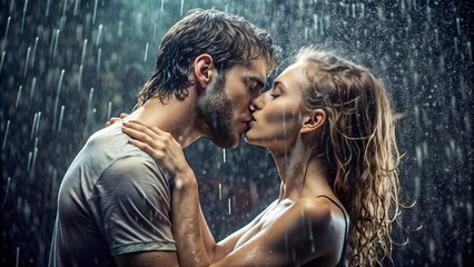 side view of couple kissing under rain, love and romantic vibe