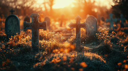 All Saints' Day for Western Christians. the Christian cross. a burning candle about memory. graves in the cemetery