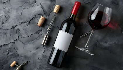 Bottle and glass of red wine with corkscrew and corkscrew on grey background