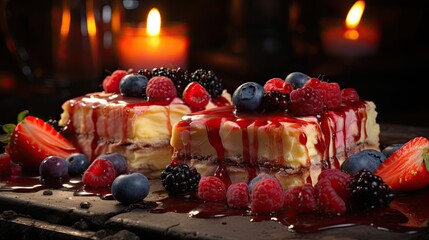 Canvas Print - cheesecakes with fresh berries and strawberry with jam syrup, digital photo illustration  