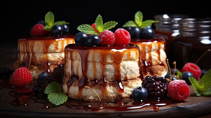 Wall Mural - cheesecakes with fresh berries and strawberry with jam syrup, digital photo illustration  