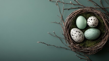 A serene scene featuring a nest containing four eggs, two of which are speckled, resting on green moss and framed by dry branches against a muted green background.