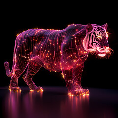 A pink gold glow tiger silhouette in a nightscape, bold outline, energy-charged luminous pointillism, wireframe, tenebrism mastery style, UHD 8k, Unreal Engine 5 on black background