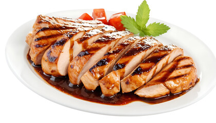 Wall Mural - juicy grilled chicken breasts with grill marks, served with a side of rice, sauce, and lemon wedges, garnished with parsley. Isolated on a white background.