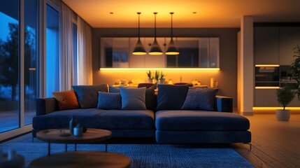 Poster - Intelligent IoT enabled smart lighting system in a contemporary living room interior providing advanced automation and energy efficient illumination for a cozy and stylish atmosphere