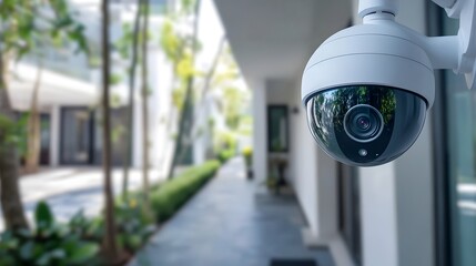 Poster - photograph of an iot powered security monitoring the front entrance of a modern smart home with copy
